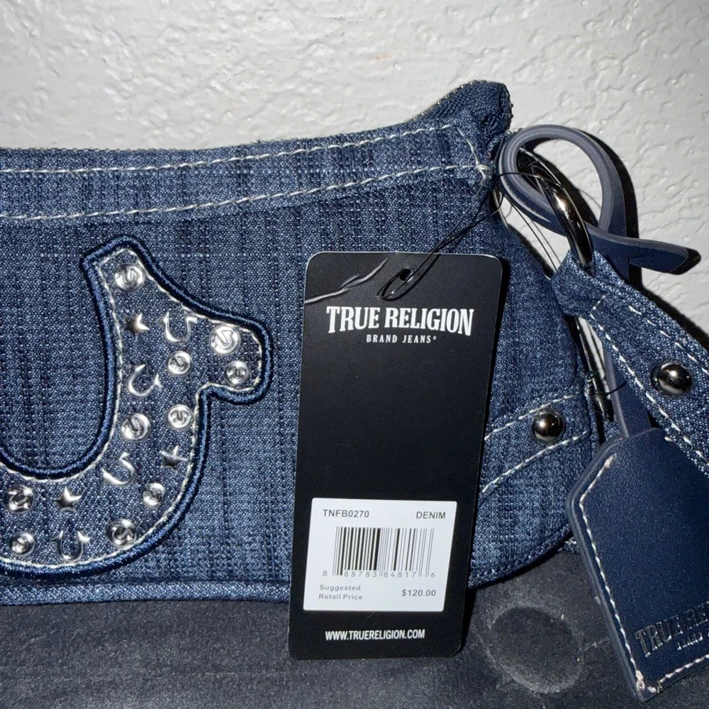 True Religion Dark Denim Shoulder Bag - Dark Blue with Silver Studs - Picture 6 of 7